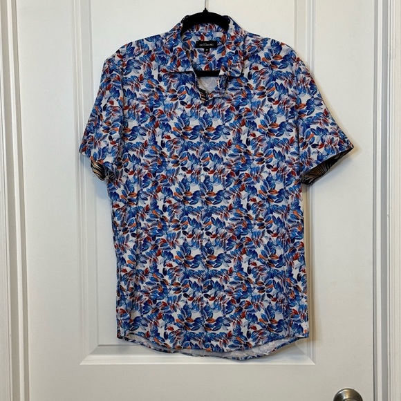 Blue and Red Casual Button Down Shirt with Floral Design - Picture 1 of 3